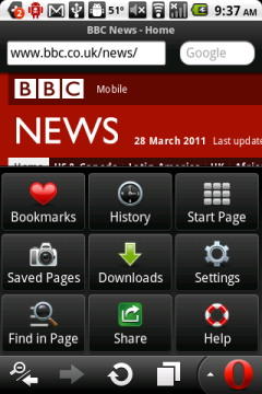 Opera Mobile 11 (Android) Navigatiob Bar and Menu