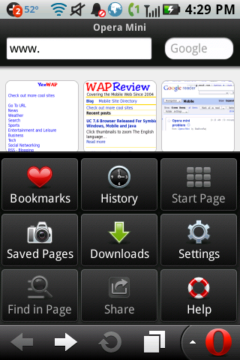 Opera Mini 6 (Android) Touch Speed Dials and Menu