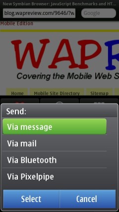 Opera Mobile 11 Symbian Send Menu
